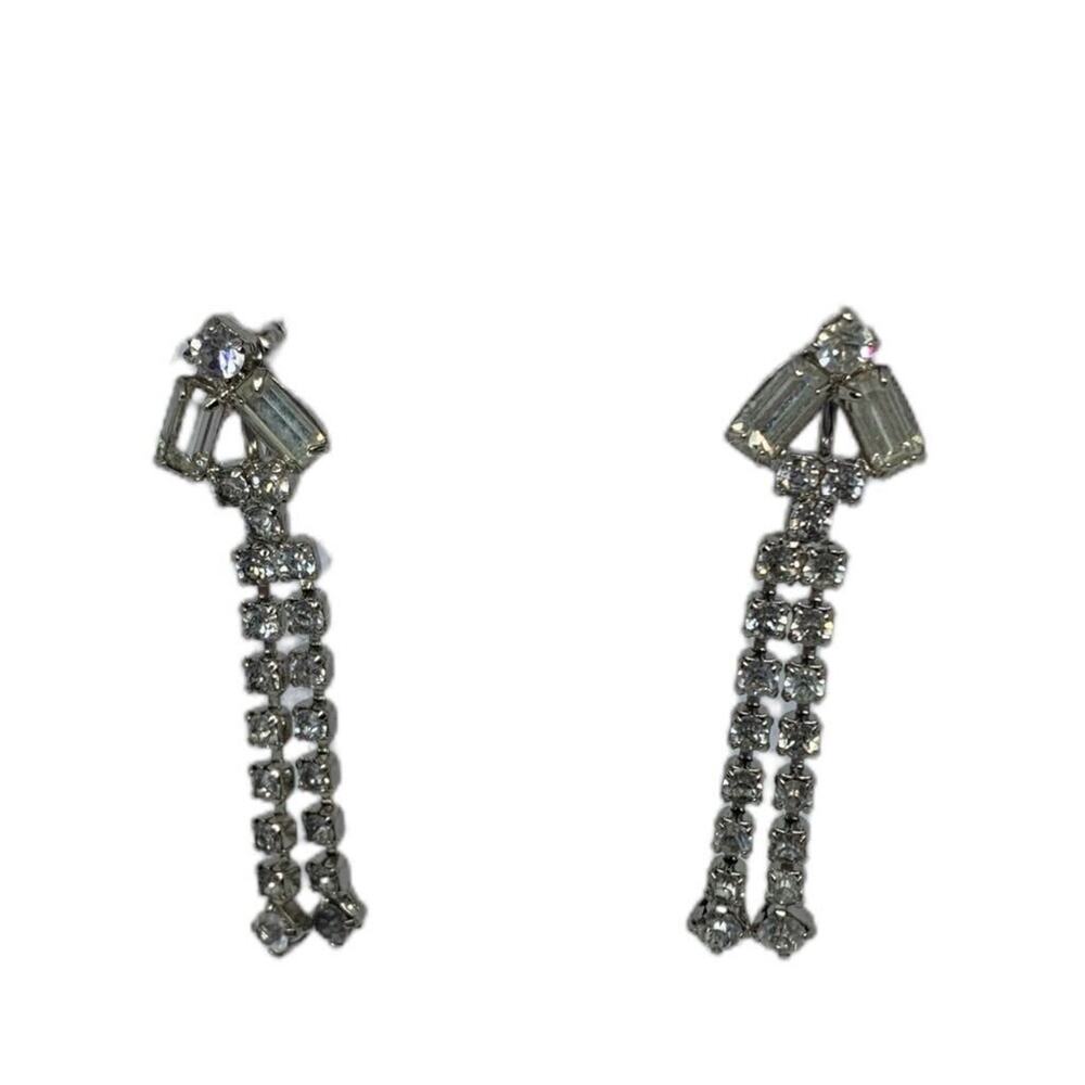 Vintage Drop Dangle Rhinestone Earrings Screwback Non-Pierced 2.25 Inches